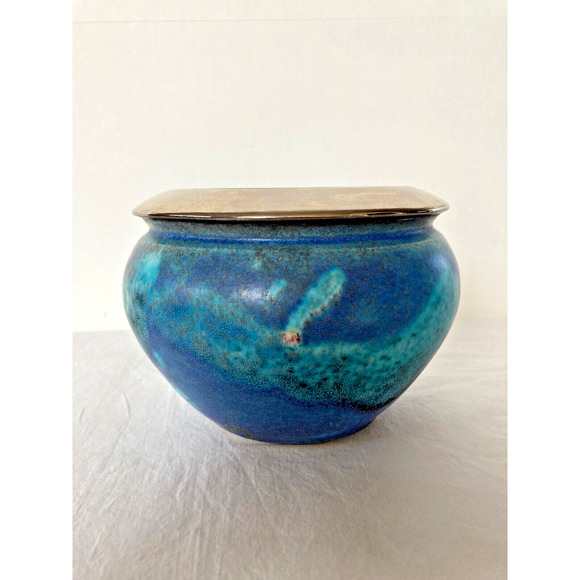 Vintage Handmade Studio Pottery Blue Round Circular Vase Signed Silver Band Rim - Picture 3 of 8